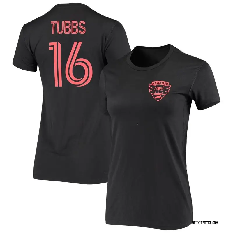 Women's D.C. United ＃16 Garrison Tubbs Black Name & Number Iconic T-Shirt