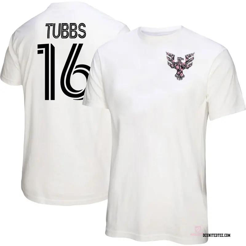 Women's D.C. United ＃16 Garrison Tubbs White Name & Number Cherry Blossom T-Shirt
